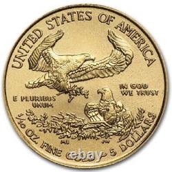 2017 American Gold Eagle 1/10 oz $5 Gold Coin translates to:
Pièce d'or américaine American Gold Eagle 2017 de 1/10 oz, valeur de 5 dollars.
