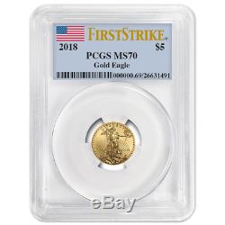 2018 $ 5 Gold Eagle Américain 1/10 Onces. Pcgs Ms70 Première Étiquette De Grève