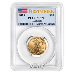 2019 10 $ Américain Gold Eagle 1/4 Onces. Pcgs Ms70 Premier Drapeau De Grève Étiquette