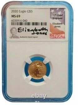 2020 American Gold Eagle Coin 5 $ 1/10 Oz Ngc Ms69 Signé Elizabeth Jones