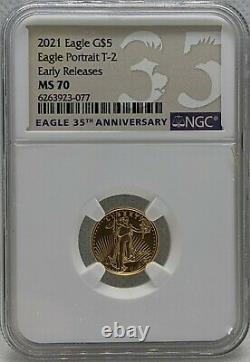 2021 1/10 Oz Type 2 5 $ Gold American Eagle Ngc Ms 70 Premiers Rejets T-2