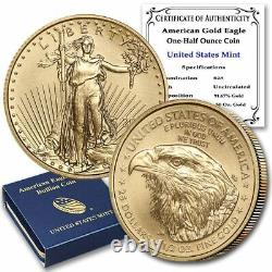 2021 1/2 Oz Gold American Eagle Type 2 Boîte À Menthe Américaine Certificat D'authenticité