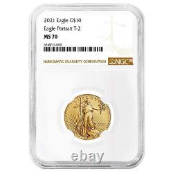 2021 10 $ Type 2 American Gold Eagle 1/4 Oz Ngc Ms70 Marron Étiquette