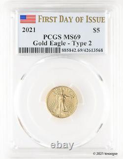 2021 $ 5 Gold American Eagle Type 2 Pcgs Ms69 Première Journée D'émission Drapeau Étiquette