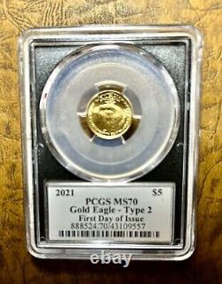 2021 $ 5 Gold Eagle Pcgs Ms70 Type 2 Premier Jour D'émission Balan Drapeau Étiquette # Gmn
