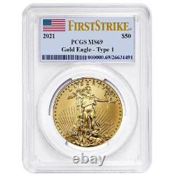 2021 $50 American Gold Eagle 1 Oz Pcgs Ms69 First Strike Flag Label