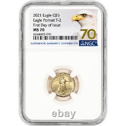 2021 American Gold Eagle Type 2 1/10 Oz 5 $ Ngc Ms70 Première Journée Numéro 70 Étiquette