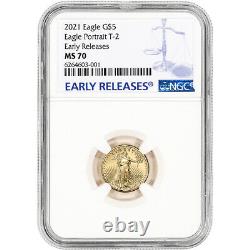 2021 American Gold Eagle Type 2 1/10 Oz 5 $ Ngc Ms70 Premiers Rejets