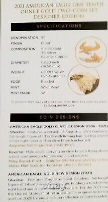 2021 Gold American Eagle T1 & T2 @ Coin Proof Set Designer Edition 1/10 Oz Chacun