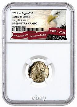 2021 W 1/10 Oz Gold American Eagle Type 1 Preuve 5 $ Ngc Pf69 Uc Er Eagle Label