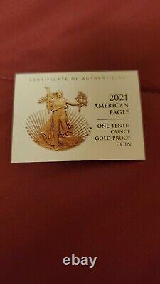2021 W American Gold Eagle Proof 1/10e Oz Type 2 Avec Coa Et Ogp