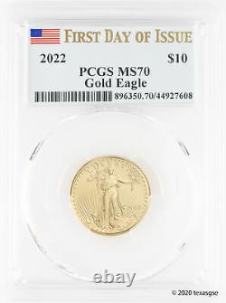 2022 10 $ Gold American Eagle Pcgs Ms70 Première Journée D'émission Drapeau Étiquette