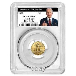 2022 $5 American Gold Eagle 1/10 Oz Pcgs Ms69 Fs Biden 46th President Label