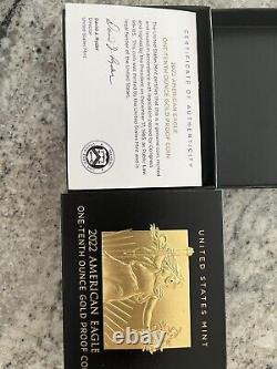 2022 W $ 5 1/10e Oz Gold American Eagle Proof West Point Menthe Avec Boîte