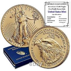 2023 1/10 once $5 American Gold Eagle Brillant non circulé Boîte de la Monnaie avec Certificat d'Authenticité