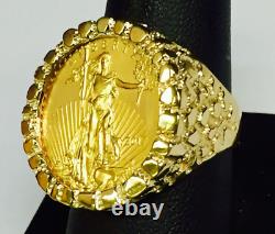 22k Gold 1/4 Oz Us American Eagle Coin Dans 14k Solide Yellow Gold Nugget Anneau