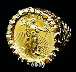22k Gold 1/4 Oz Us American Eagle Coin Dans 14k Solide Yellow Gold Nugget Anneau