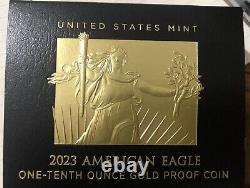 Aigle américain 2023 Pièce de preuve en or d'un dixième d'once U. S. Mint OGP Pas de COA