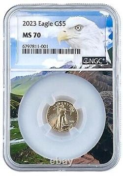 Aigle d'or 1/10 oz 2023 5 $ NGC MS70 avec noyau de l'image de l'aigle et étui bleu Paradise Mint