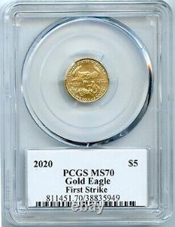 Aigle d'or américain de première frappe PCGS MS70 authentique de 2020, d'une valeur de 5 dollars.