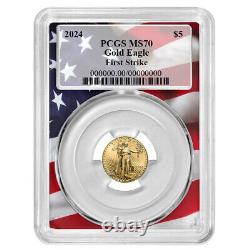 Aigle en or américain de 1/10 oz PCGS MS70 FS Cadre de drapeau 2024 de 5 $