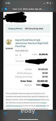 En Main 2020 Fin De La Seconde Guerre Mondiale 75e Anniversaire American Eagle Gold Proof Coin