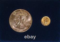 Ensemble de 1987 $1 1 oz American Silver Eagle et de $5 1/10 oz American Gold Eagle dans une boîte.