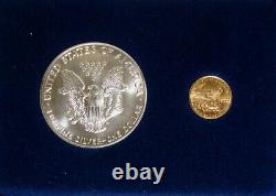 Ensemble de 1987 $1 1 oz American Silver Eagle et de $5 1/10 oz American Gold Eagle dans une boîte.