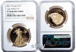 Ensemble de 4 pièces d'or W Eagle T-2 2021 de $50, $25, $10, $5 et d'une pièce d'argent de $1 PR70 Ultra Cameo.