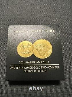 Ensemble de deux pièces d'or de 2021 American Eagle d'un dixième d'once, édition designer (21XK)