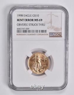 Erreur Ms69 1998 $10 American 1/4 Oz Gold Eagle Obv Struck Thru Ngc 3537