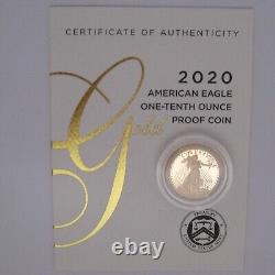 États-Unis : Pièce de monnaie PROOF American Gold Eagle de 1/10 oz de 2020 avec boîte d'origine de la Monnaie américaine et COA