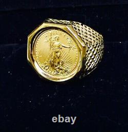 Homme 20 MM Coin American Eagle Ring Avec Vintage Real 14k Or Jaune