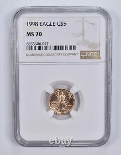 MS70 1998 $5 1/10 th Oz Gold American Eagle NGC Brown Label<br/>MS70 1998 $5 1/10 oz Aigle Américain en Or NGC Label Marron