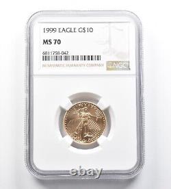 MS70 1999 $10 American Gold Eagle 1/4 Oz Gold NGC 1166 can be translated to: MS70 1999 10 $ Aigle d'or américain 1/4 Oz Or NGC 1166.