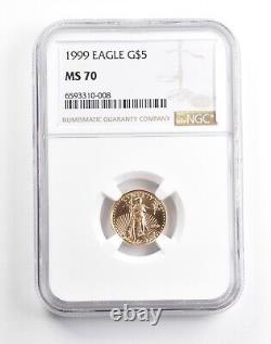 MS70 1999 $5 1/10 once Aigle Américain en Or NGC Étiquette Marron
