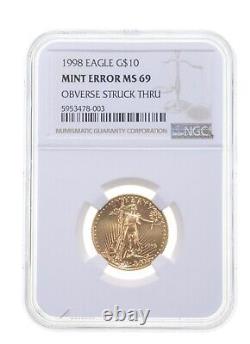Ms69 Mint Erreur 1998 $10 American Gold Eagle Obv Struck Thru Graded Ngc 4094