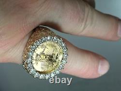 Or 14k Hommes 22mm Coin Ring Avec 22k 1/10 Oz American Eagle Avec Coin 1.4tcw