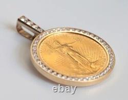 Pendentif de pièce American Eagle en or jaune 14 carats plaqué de 50 dollars avec pierre simulée