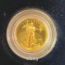Pièce de preuve d'aigle américain en or de 1/10 Oz. de 2001-W avec étui et certificat d'authenticité