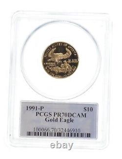 Pr70 Dcam 1991-p 10 $ American Gold Eagle 1/4 Oz Fine Gold Graded Pcgs 3701