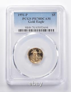 Pr70 Dcam 1991-p 5 $ American Gold Eagle 1/10 Oz Gold Pcgs 5107