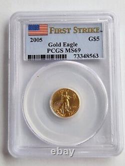 Première Grève 2005 American Gold Eagle $5 1/10 Oz Pcgs Certifié Ms69 Gem Unc