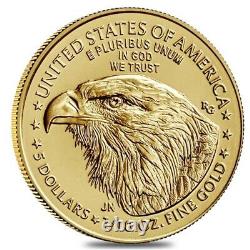 Rouleau De 50 2021 1/10 Oz Gold American Eagle 5 $ Coin Bu Type 2 Lot, Tube De