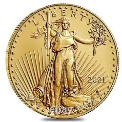 Rouleau De 50 2021 1/10 Oz Gold American Eagle 5 $ Coin Bu Type 2 Lot, Tube De